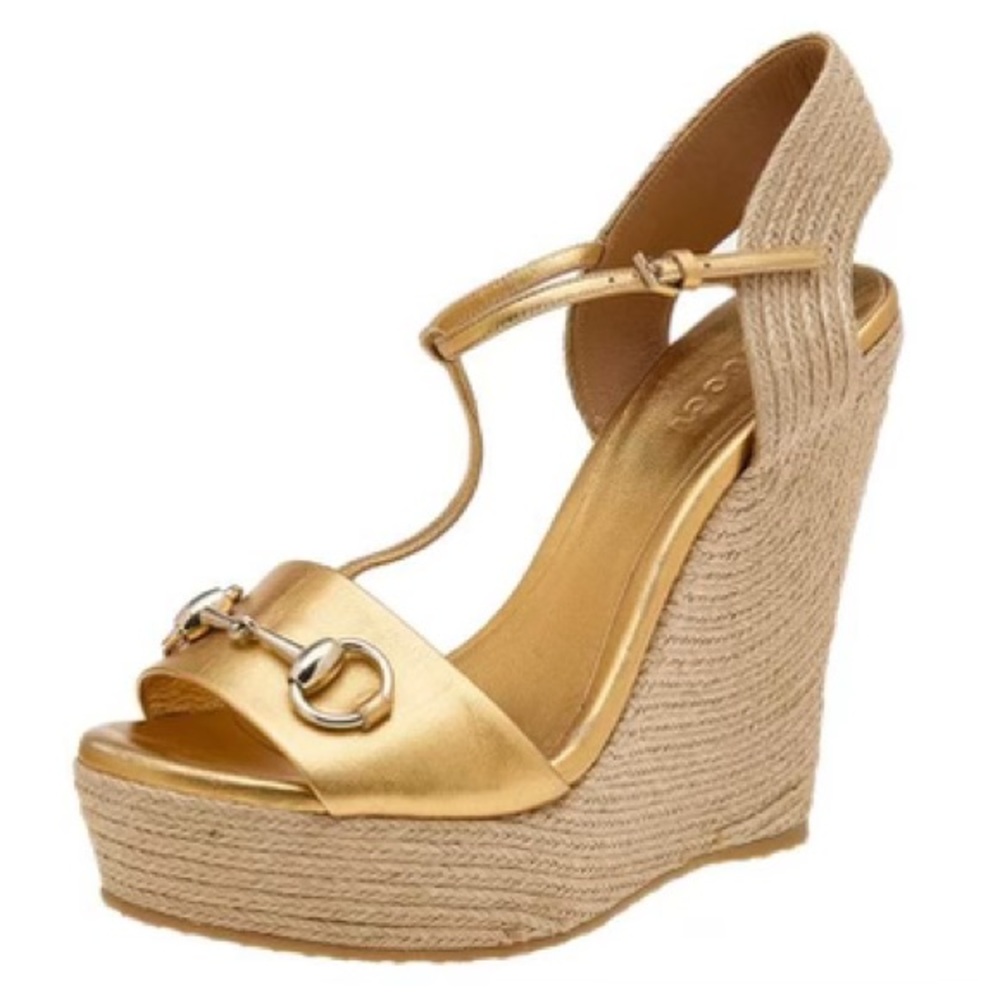 Authentic Gucci Genuine Gold Leather Wedge Platform Espadrilles w Horsebit 39.5